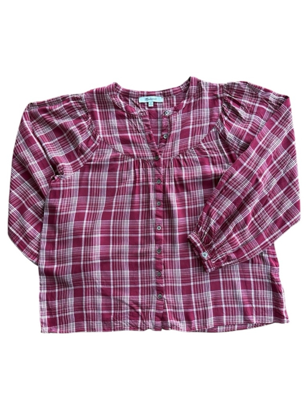 Madewell Balloon-Sleeve Peasant Top in Plaid Susan Plaid Wine Red White Size XS
